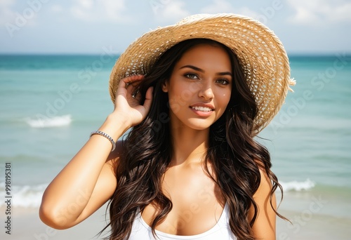 A young woman with long, dark hair and a straw hat stands on a beach, gazing at the camera while wearing a white tank top and bracelet, surrounded by a serene ocean and clear blue sky