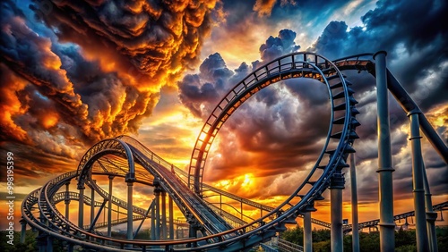 Thrilling Roller Coaster Ride with Twists and Turns Against a Dramatic Sky Background