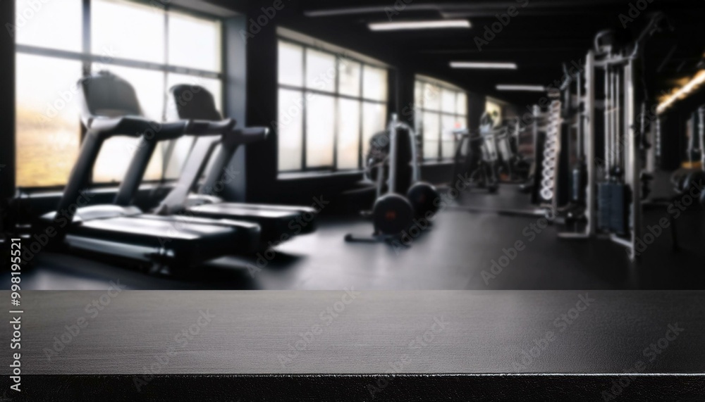 Black table top with gym background for product. Empty countertop mockup for sports nutrition or equipment. the gym Black table top with gym background for product. Empty countertop mockup for sports nutrition or equipment. the gym