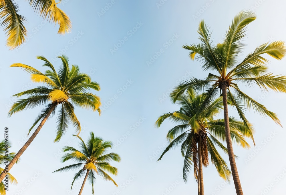 A serene tropical scene features four tall palm trees with vibrant green leaves and yellow fronds, set against a clear blue sky, captured from a low angle emphasizing their height and grandeur A serene tropical scene features four tall palm trees with vibrant green leaves and yellow fronds, set against a clear blue sky, captured from a low angle emphasizing their height and grandeur