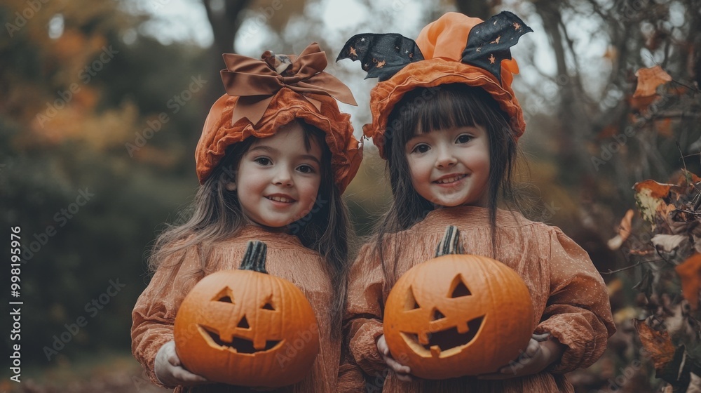 Naklejka premium Halloween Celebrations with Witches and Pumpkins in an Autumn Forest Setting