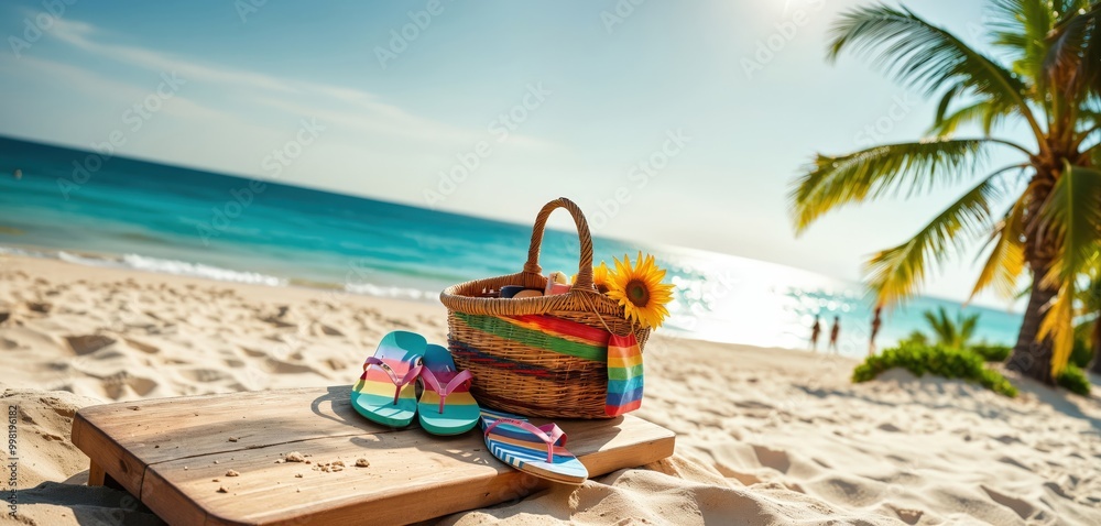 A serene beach scene features a colorful woven basket with a sunflower, a pair of colorful flip flops, and a wooden board with a sunflower A serene beach scene features a colorful woven basket with a sunflower, a pair of colorful flip flops, and a wooden board with a sunflower