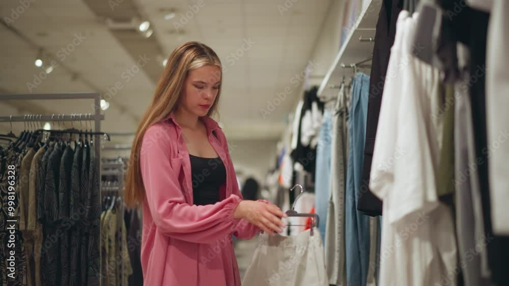 Beautiful lady in pink clothing retrieves a brown pair of shorts, checking them on herself closely, vintage clothes are arranged on a rack behind her, and the store is well-organized