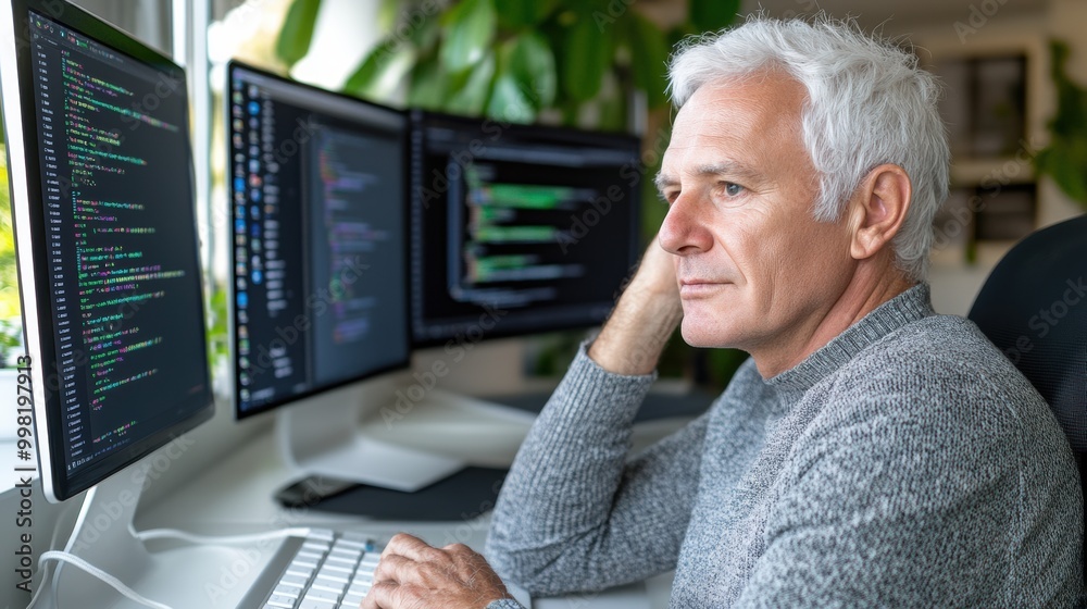 Obraz premium A man sitting at a desk with two computer monitors, AI