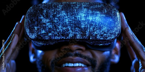 A man wears a virtual reality headset and tries to maintain a positive attitude through the challenge. photo