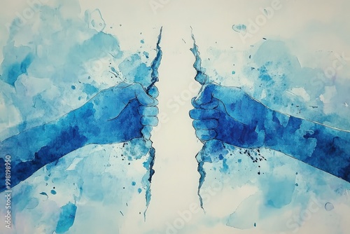 Abstract hands tearing paper in blue watercolor