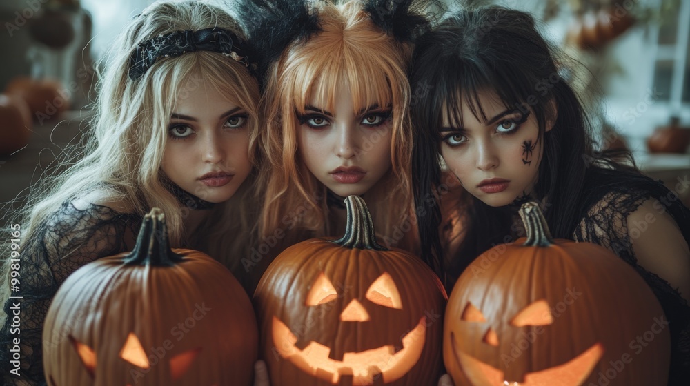Halloween Celebrations with Witches and Pumpkins in an Autumn Forest Setting Halloween Celebrations with Witches and Pumpkins in an Autumn Forest Setting