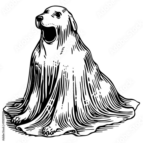 シーツを被ってお化けの真似をする犬の銅版画のベクターイラスト。
