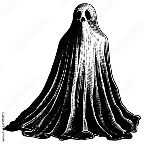 ハロウィンのお化けのシーツを被った人。銅版画のベクターイラスト。