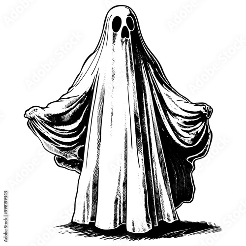 ハロウィンのお化けのシーツを被った人。銅版画のベクターイラスト。