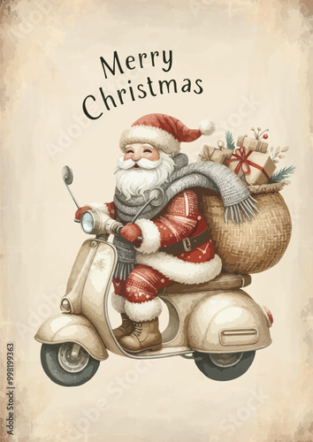 Watercolor Santa Claus rides a scooter with gifts. Courier in Santa costume on bike delivers christmas gifts.