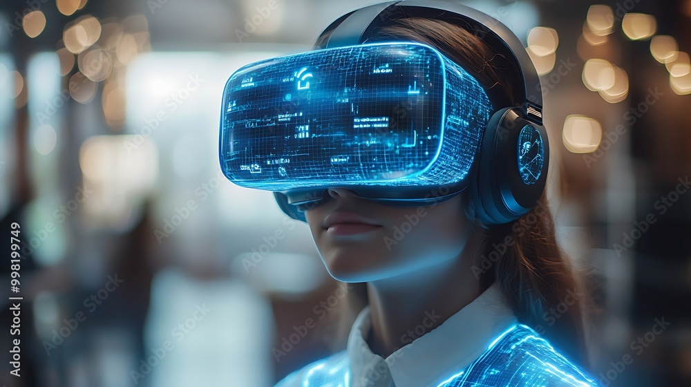 School student with VR headset using AI artificial intelligence technology & machine learning. Interactive technology in classroom. Innovation & smart tech. AI blue hologram in education School student with VR headset using AI artificial intelligence technology & machine learning. Interactive technology in classroom. Innovation & smart tech. AI blue hologram in education