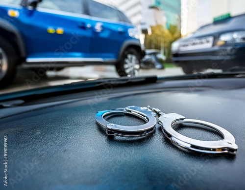 Police equipment and symbolism featuring elements like badges, handcuffs, and a police car representing law enforcement, security, and public safety. photo