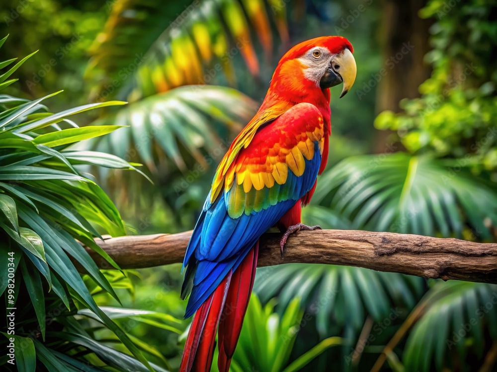 Vibrant macaw perched on branch showcasing colorful plumage in a lush tropical rainforest environment Vibrant macaw perched on branch showcasing colorful plumage in a lush tropical rainforest environment