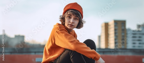 Young Woman in Orange Hoodie and Beanie Sitting on a Rooftop