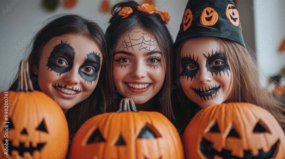 Fototapeta premium Halloween Celebrations with Witches and Pumpkins in an Autumn Forest Setting