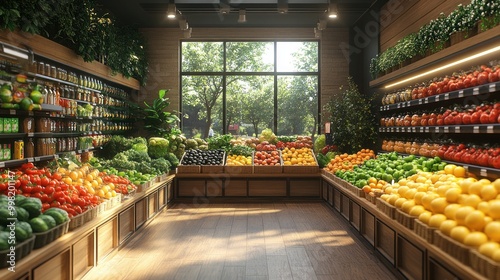 A well-stocked grocery store with fresh produce, fruits, and vegetables. The store has a bright and inviting atmosphere with large windows that let in natural light.