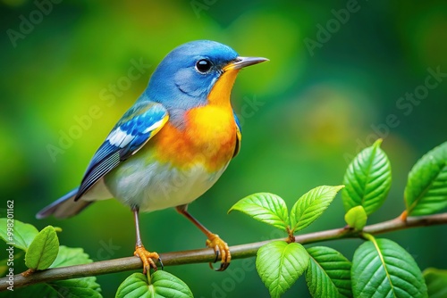 Vibrant Parula Bird Perched on Branch Surrounded by Lush Greenery in a Natural Habitat Setting