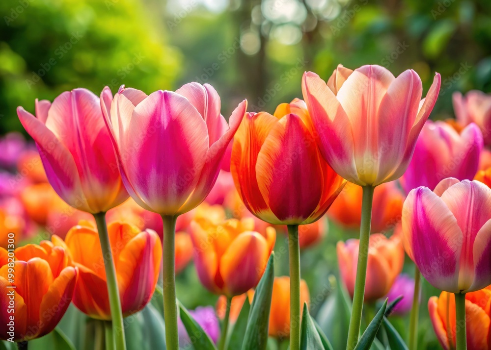 Vibrant Pink and Orange Tulips in Full Bloom Against a Soft Green Background in a Garden Setting Vibrant Pink and Orange Tulips in Full Bloom Against a Soft Green Background in a Garden Setting