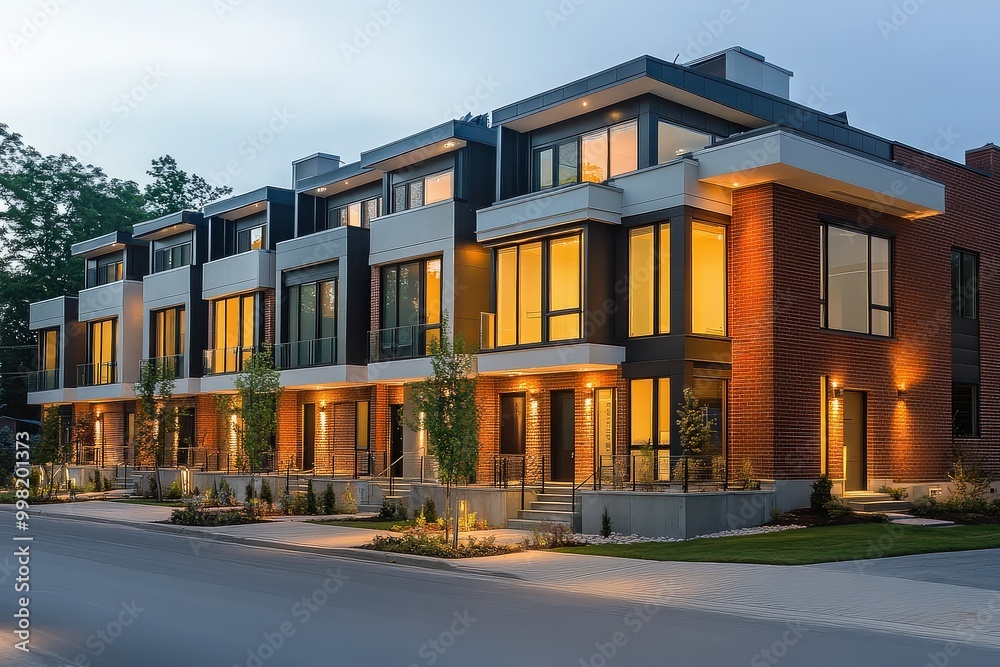 Modern Townhouses with Illuminated Interiors at Dusk Modern Townhouses with Illuminated Interiors at Dusk