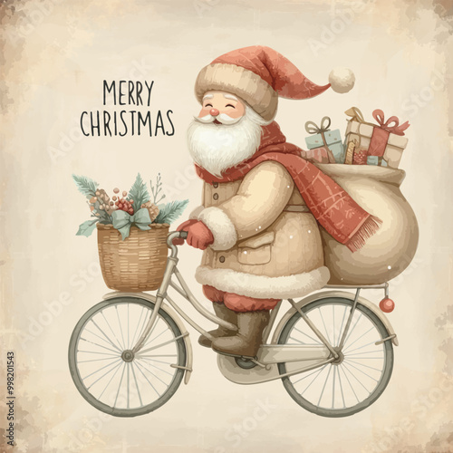 Santa Claus rides a bicycle with gifts in backpack. Courier in Santa costume on bike delivers christmas gifts.