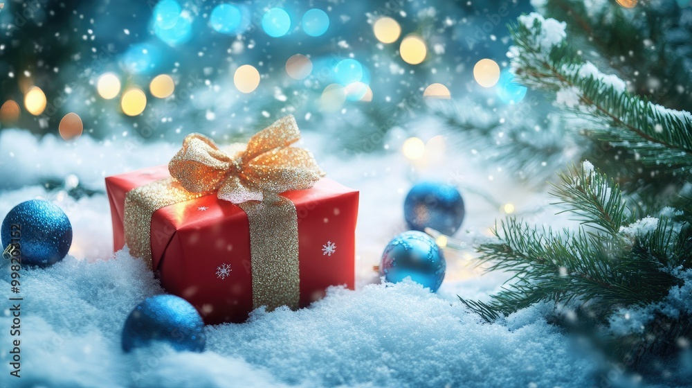 Festive Christmas gift on a snowy landscape, with bright blue bokeh lights and ornaments hanging from fir branches. The snow-covered scene is serene and filled with holiday warmth. Festive Christmas gift on a snowy landscape, with bright blue bokeh lights and ornaments hanging from fir branches. The snow-covered scene is serene and filled with holiday warmth.