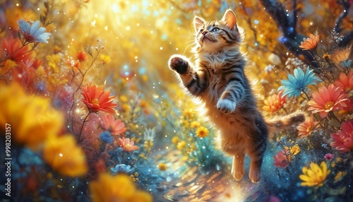 cat jumping among flowers