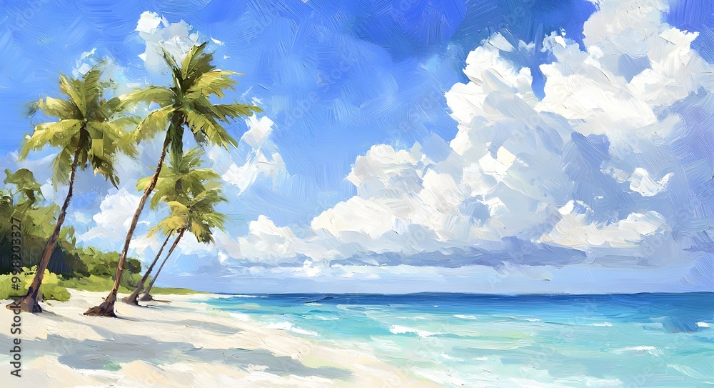 Fototapeta premium Serene beach scene with palm trees, soft waves, and a vibrant sky, perfect for relaxation and tropical escapes.