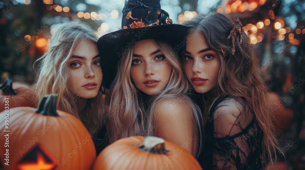 Halloween Celebrations with Witches and Pumpkins in an Autumn Forest Setting Halloween Celebrations with Witches and Pumpkins in an Autumn Forest Setting