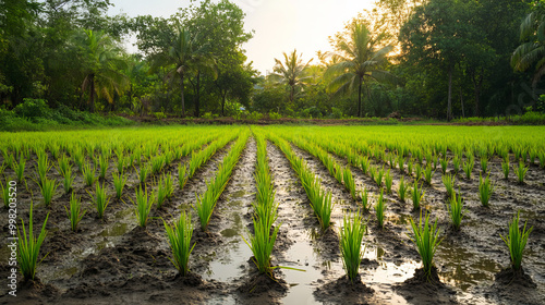 The appearance of a rice field with freshly planted seedlings.