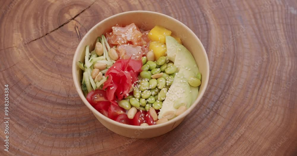 Japanese food, Poke bowl with salmon, rice, avocado, edamame beans, cucumber on a wooden background. Healthy food, keto diet concept. Asian raw meal. Poke bowl, traditional Hawaiian raw fish salad. Japanese food, Poke bowl with salmon, rice, avocado, edamame beans, cucumber on a wooden background. Healthy food, keto diet concept. Asian raw meal. Poke bowl, traditional Hawaiian raw fish salad.