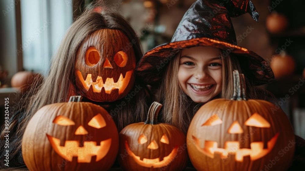 Halloween Celebrations with Witches and Pumpkins in an Autumn Forest Setting Halloween Celebrations with Witches and Pumpkins in an Autumn Forest Setting