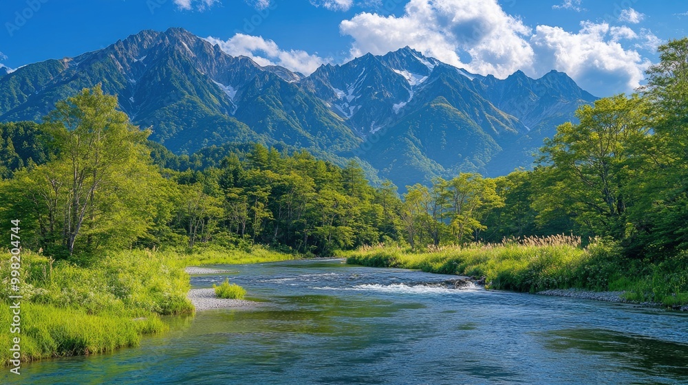 Fresh greenery surrounds the Azusa River in Kamikachi, with the towering Hotaka Mountains providing a stunning contrast in this beautiful, natural landscape.