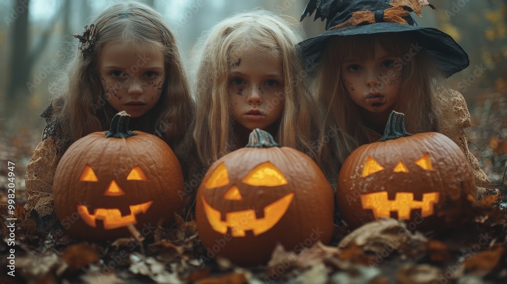 Halloween Celebrations with Witches and Pumpkins in an Autumn Forest Setting Halloween Celebrations with Witches and Pumpkins in an Autumn Forest Setting