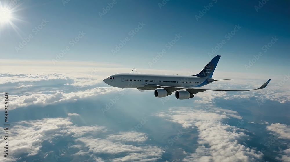 Obraz premium Airplane in the flight, travel background with airplane flying in the blue sky over the clouds. Flying airplane with sunset.