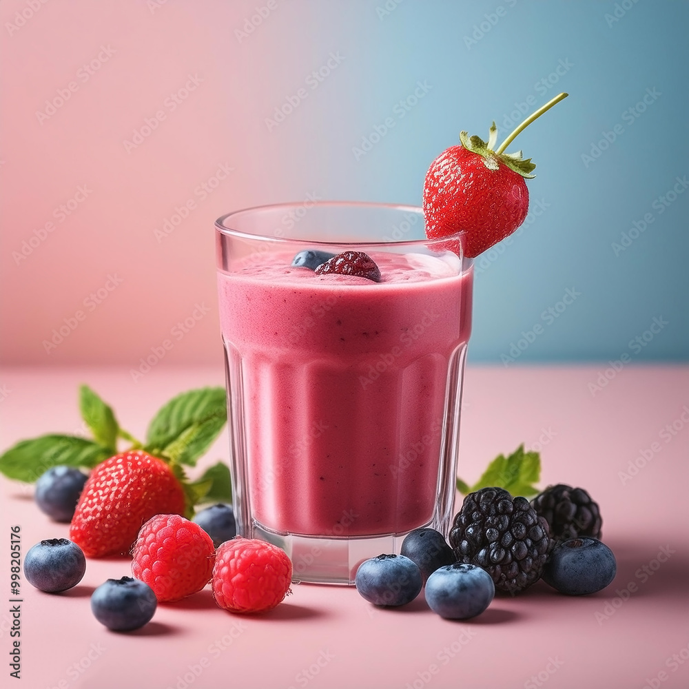 A glass of berry smoothie on a pastel background A glass of berry smoothie on a pastel background
