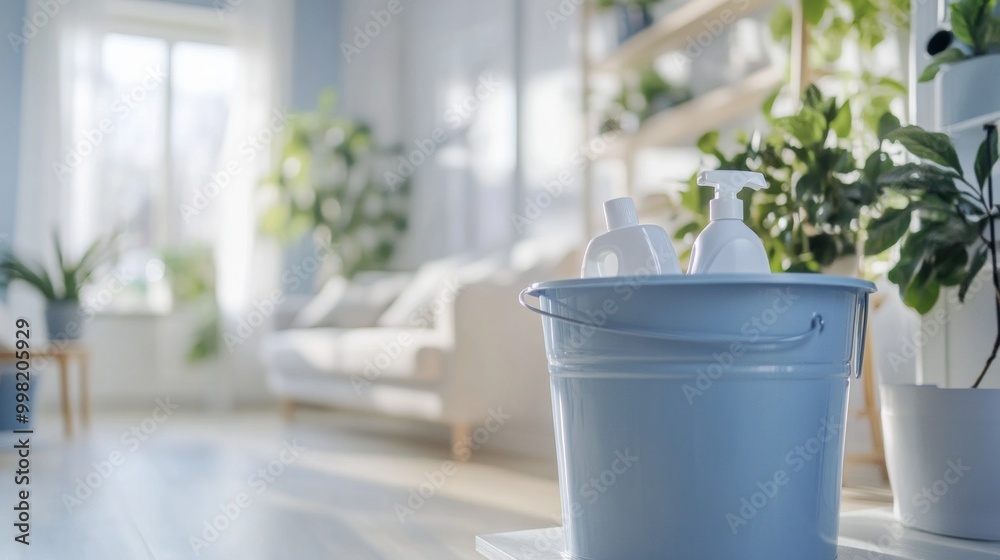 Fototapeta premium A blue bucket with cleaning supplies sits in a living room