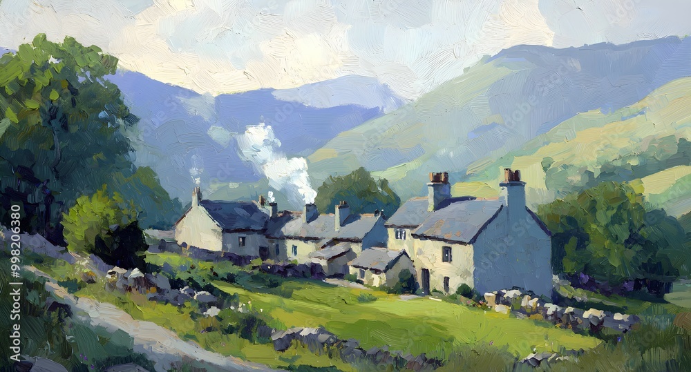A peaceful village nestled in a valley, with smoke rising from chimneys in the early morning A peaceful village nestled in a valley, with smoke rising from chimneys in the early morning