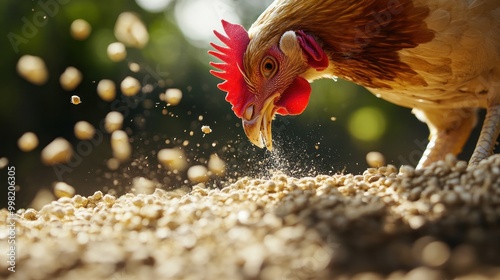 Organic chicken feed being scattered by a farmer photo