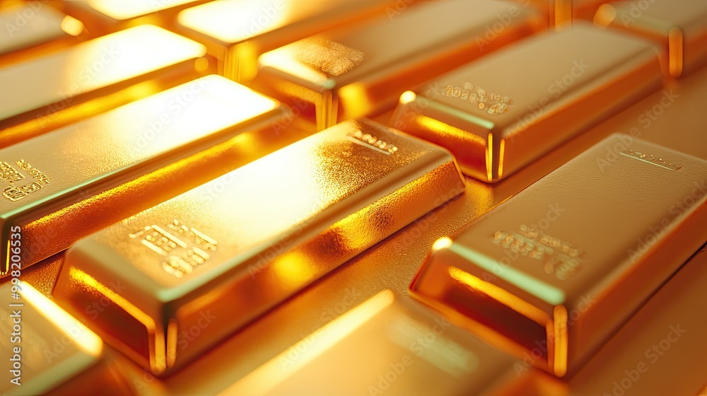 Gleaming gold bars arranged on a gold surface, showcasing wealth, financial growth, and luxury in a CG-rendered image of prosperity. Gleaming gold bars arranged on a gold surface, showcasing wealth, financial growth, and luxury in a CG-rendered image of prosperity.