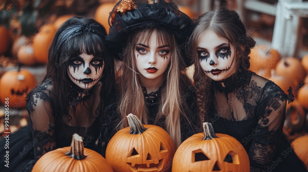 Halloween Celebrations with Witches and Pumpkins in an Autumn Forest Setting Halloween Celebrations with Witches and Pumpkins in an Autumn Forest Setting