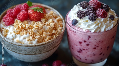 Two bowls of food, one with fruit and the other with ice cream, sit on a table