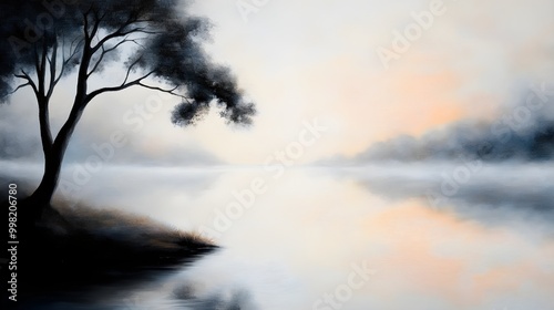 A quiet riverbank at dawn with mist rising from the water and soft sunlight filtering through