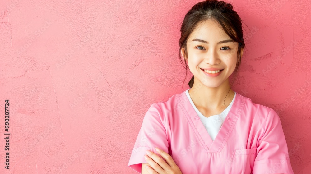 Compassionate medical professional in pink scrubs against a clear background for health awareness Compassionate medical professional in pink scrubs against a clear background for health awareness