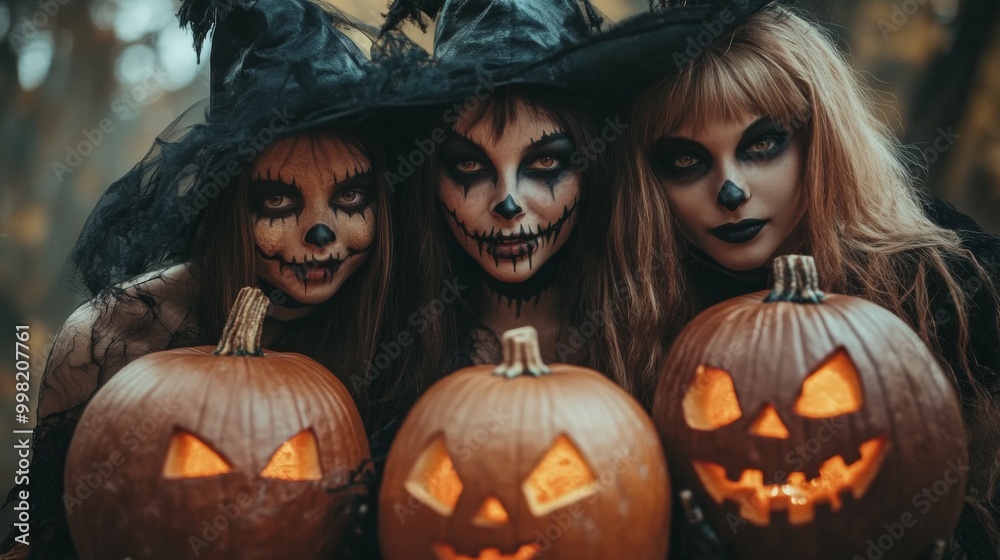 Fototapeta premium Halloween Celebrations with Witches and Pumpkins in an Autumn Forest Setting