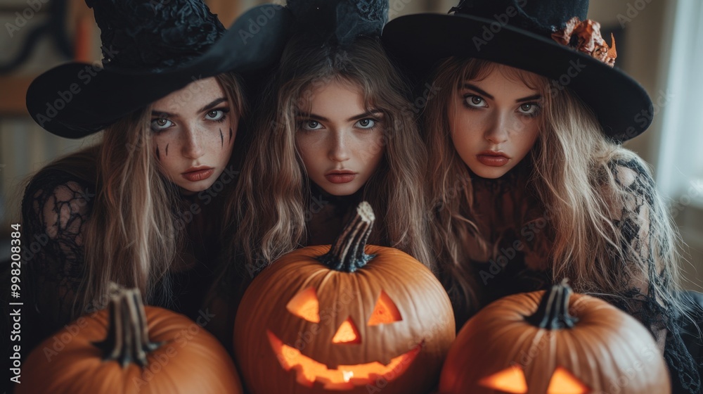 Halloween Celebrations with Witches and Pumpkins in an Autumn Forest Setting Halloween Celebrations with Witches and Pumpkins in an Autumn Forest Setting