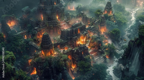 Unreal ancient ruins bird's-eye view glowing temples rivers of light winding through the remains,