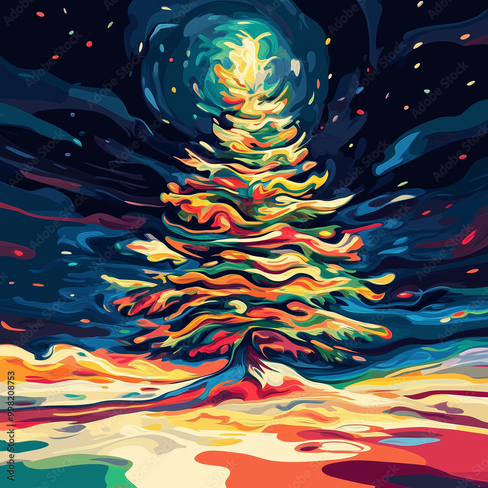 Emotional illustration of a Christmas tree, with bright contrasting colors and distorted shapes Emotional illustration of a Christmas tree, with bright contrasting colors and distorted shapes