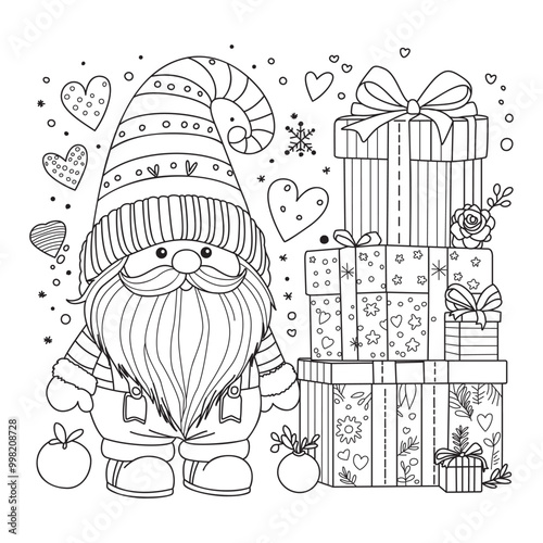 Cute gnome in a hat stands next to gift boxes. Christmas and New Year mood. Coloring page for children and adults. Art therapy.