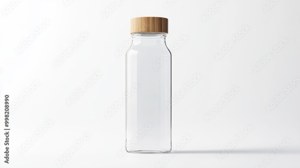 A clear glass water bottle with a bamboo lid, isolated on a white background - A clear glass water bottle with a bamboo lid, isolated on a white background -